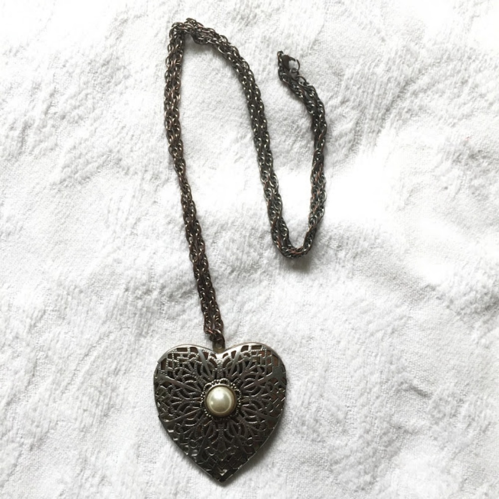 Long, Large Heart Locket Necklace w/ Pearl Accent